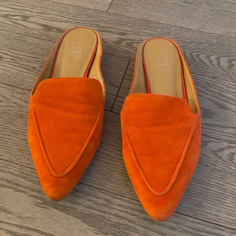 Franco Sarto orange suede slip on mules loafers